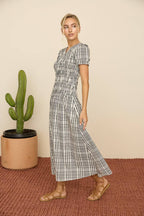 Black Multi Plaid Smocked Midi dress