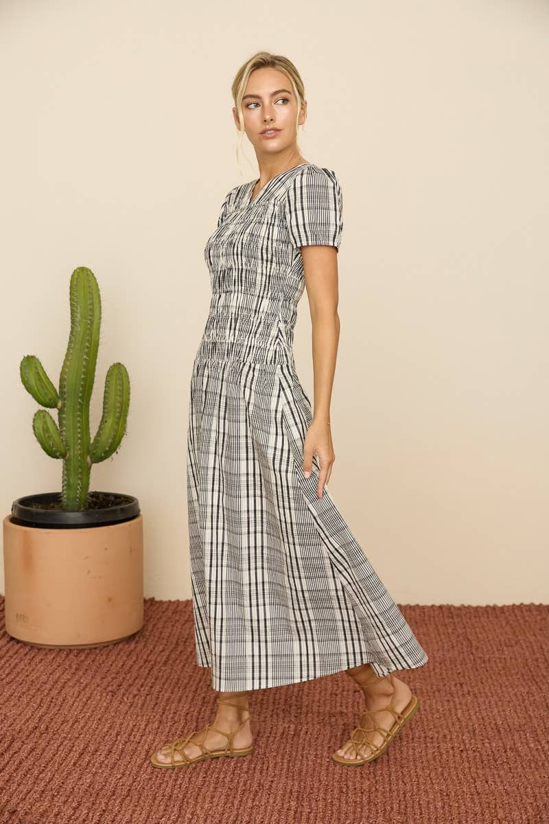 Black Multi Plaid Smocked Midi dress