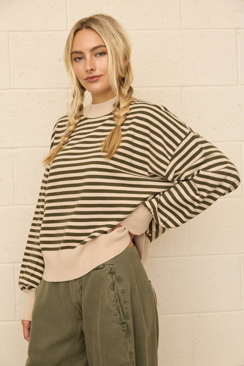 Two-Tone stripe Mock Neck Sweater