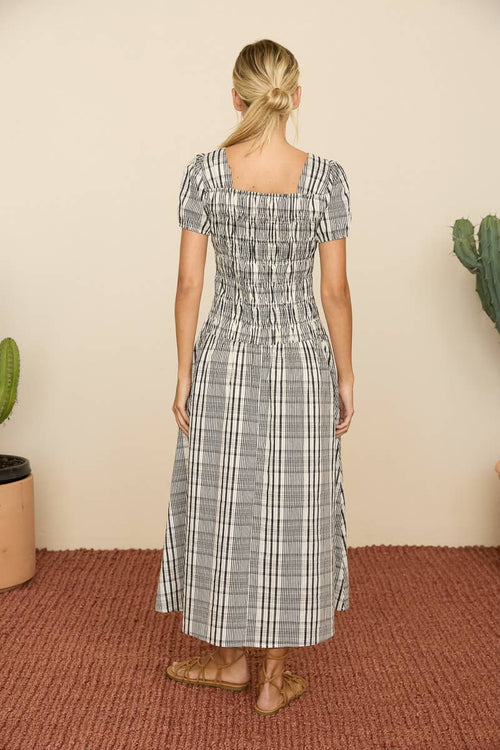 Black Multi Plaid Smocked Midi dress