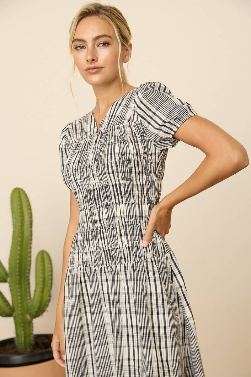 Black Multi Plaid Smocked Midi dress