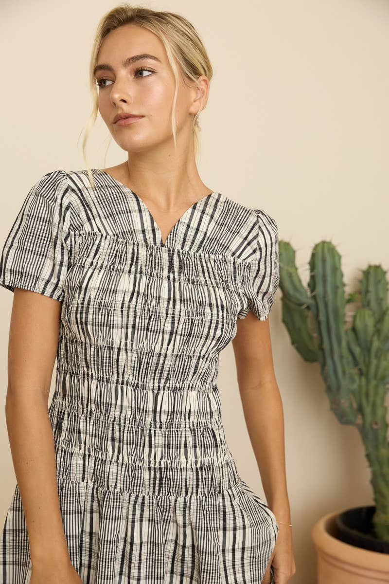 Black Multi Plaid Smocked Midi dress