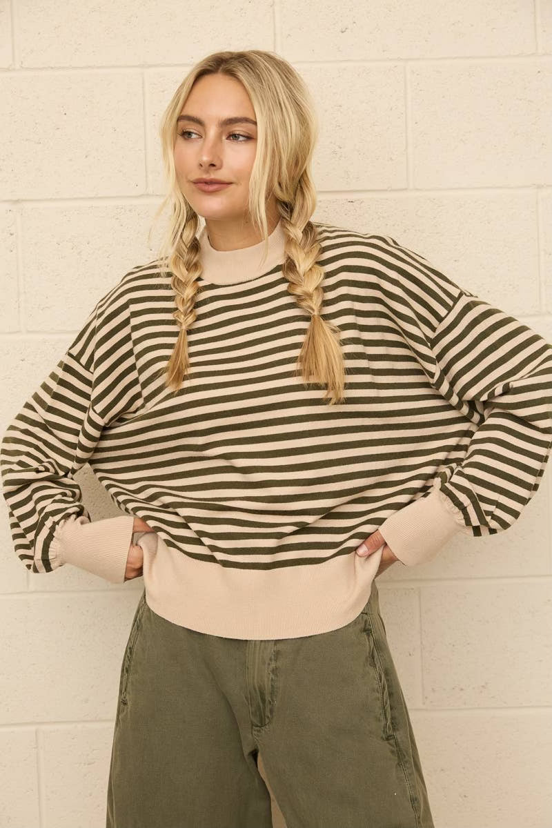 Two-Tone stripe Mock Neck Sweater