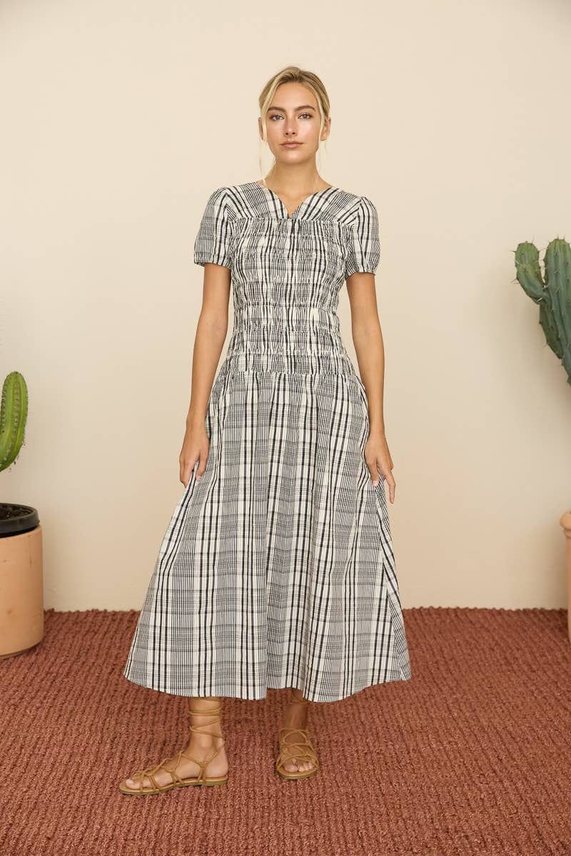 Black Multi Plaid Smocked Midi dress