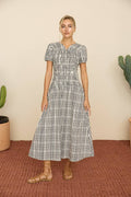 Black Multi Plaid Smocked Midi dress
