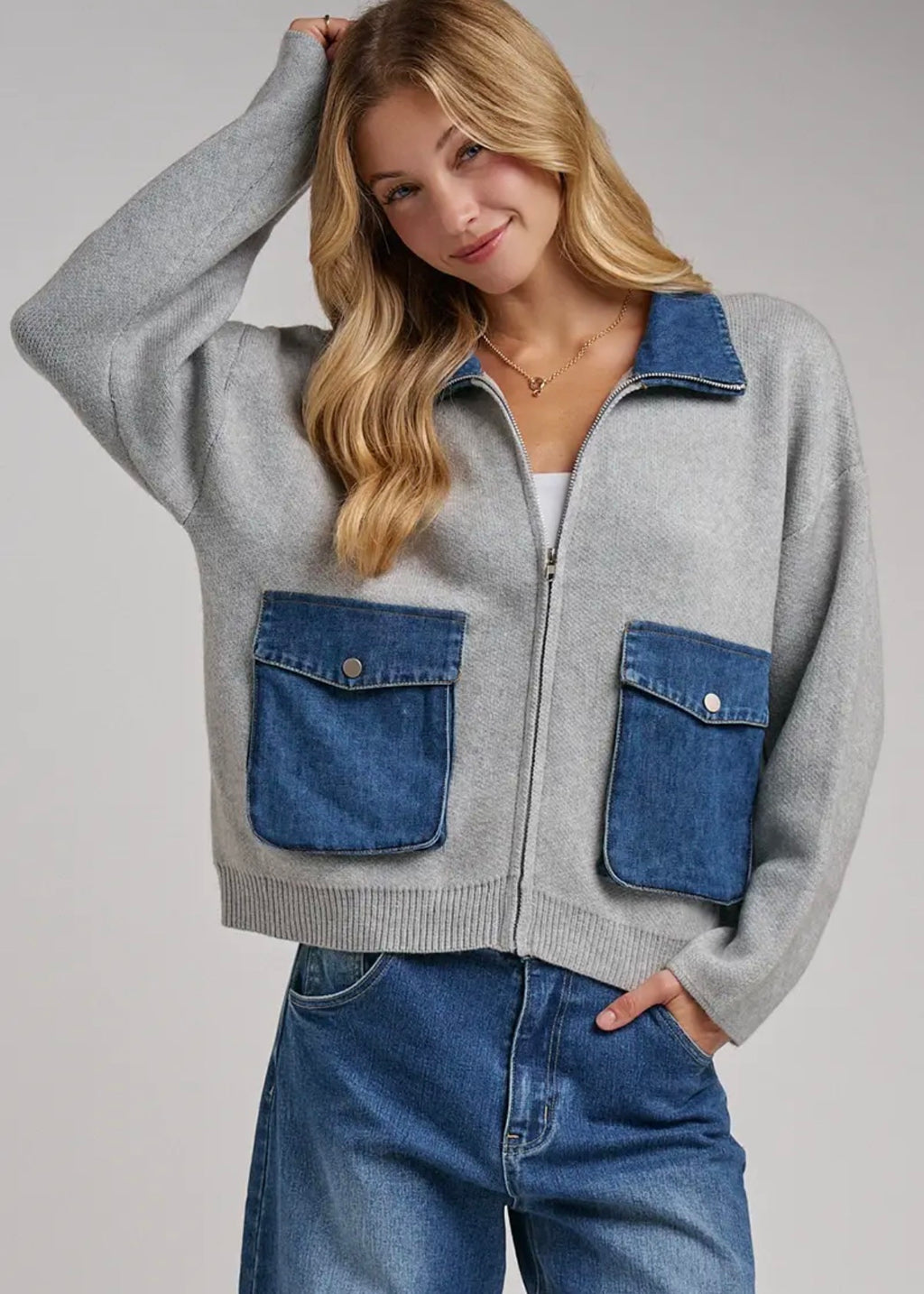 Denim Days Zip-Up Sweater