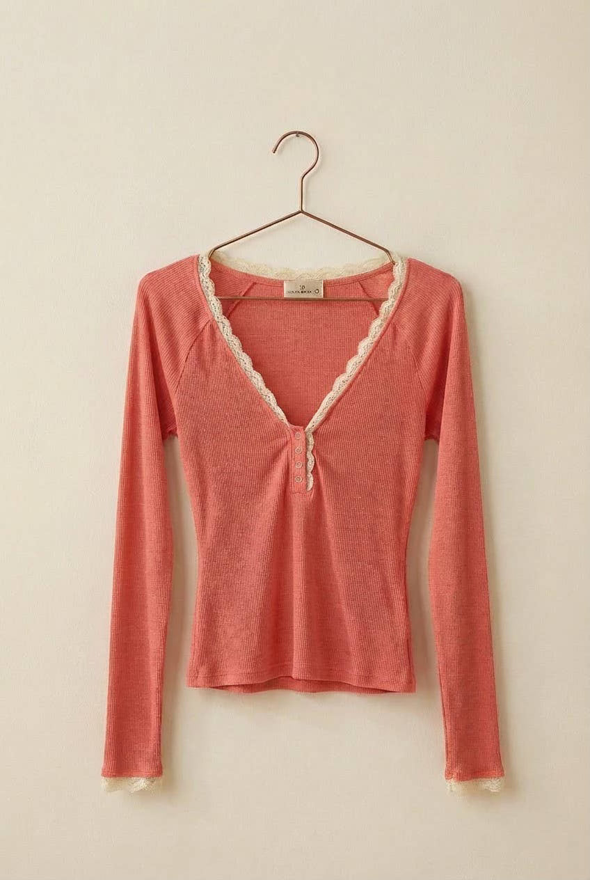 Lace Trim Knit Henley Long Sleeve Top