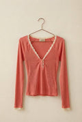 Lace Trim Knit Henley Long Sleeve Top