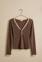Lace Trim Knit Henley Long Sleeve Top