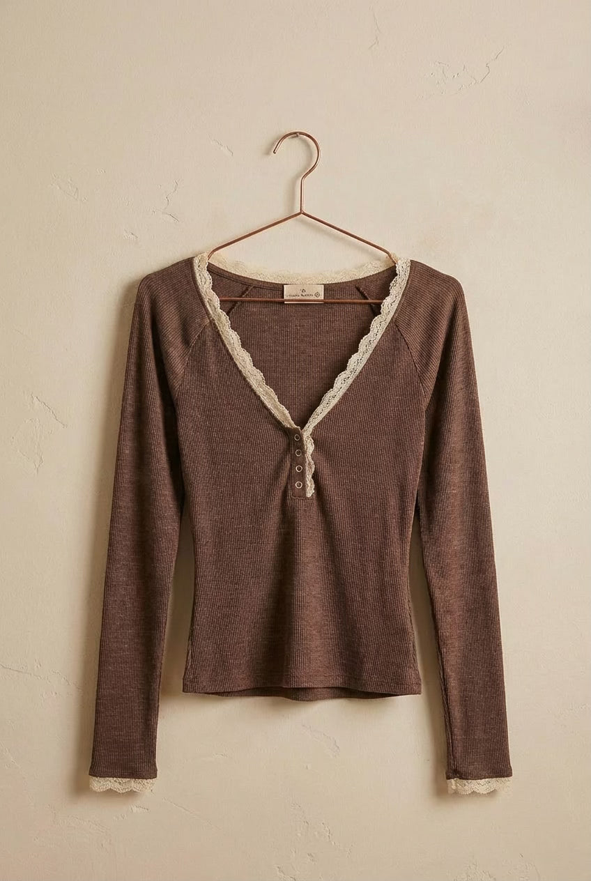 Lace Trim Knit Henley Long Sleeve Top