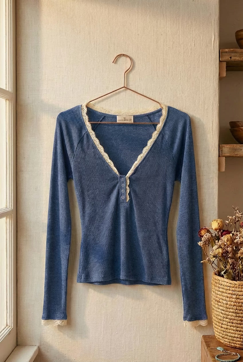 Lace Trim Knit Henley Long Sleeve Top