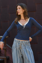 Lace Trim Knit Henley Long Sleeve Top