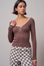 Lace Trim Knit Henley Long Sleeve Top