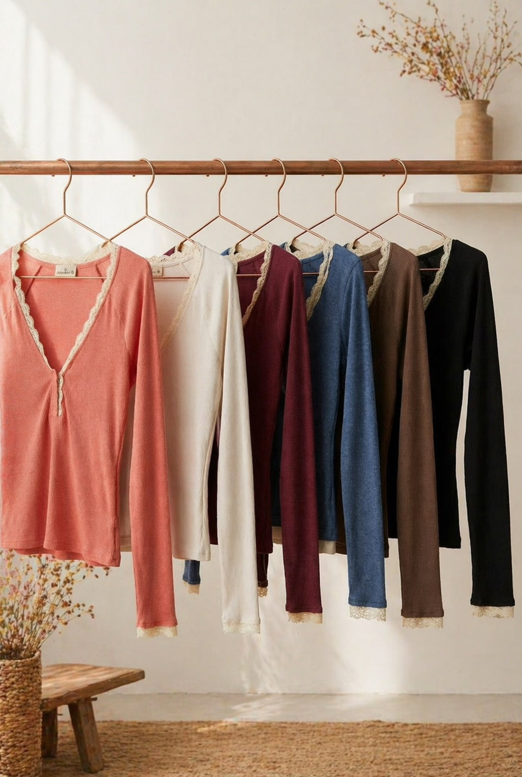 Lace Trim Knit Henley Long Sleeve Top