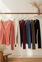 Lace Trim Knit Henley Long Sleeve Top